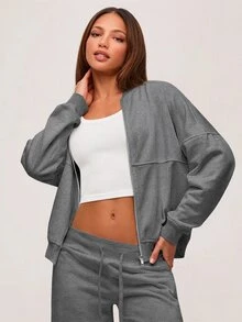 SHEIN BASICS 女款純色落肩長袖休閒寬鬆棒球夾克 - 深灰色 - 查看 1