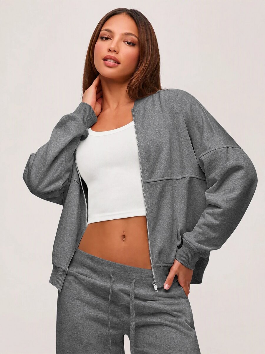 SHEIN BASICS 女款純色落肩長袖休閒寬鬆棒球夾克 - 深灰色 - 查看 1