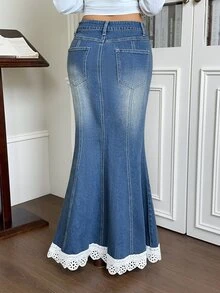 Rivivi Women's Elegant Mermaid Denim Skirt With Contrast Lace Hem - Blue - View 2