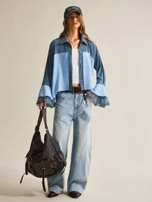 SHEIN Blus Kasual Longgar Lengan Lonceng Lebar Bertekstur Patchwork Kain Bergaris Gaya Bohemian untuk Wanita - MultiWarna - View 3