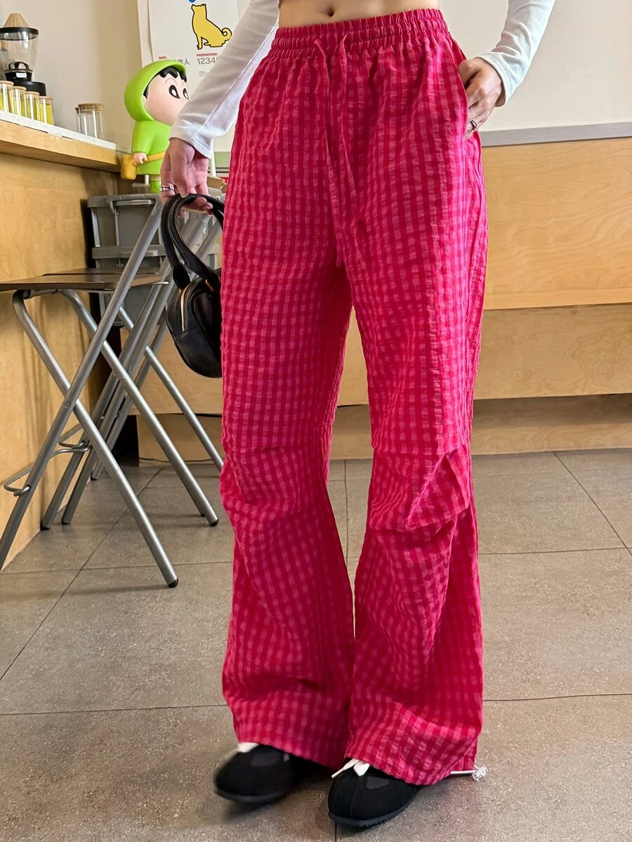 K-Vae Women's Loose Casual Tie Waist Plaid Long Pants In Rose Red - Hot Pink - View 1