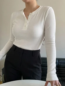 Dazy Plus Plus Size Casual Half-Button Long Sleeve White T-Shirt - White - View 5