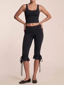 SHEIN BAE Women Black Tie High Waist Leggings Tummy Control Gym Workout Training Running Yoga Athletic Pants - Black - View 4