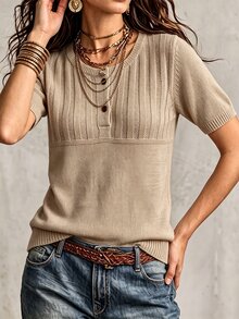 SHEIN 休閒寬鬆圓領短袖針織半開襟鈕扣設計杏色女款春秋毛衣 - 卡其色 - 查看 4