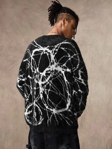 ROMWE MEN Men's Round Neck Dark Geometric Art Knit Sweater Street Style - Black - View 3