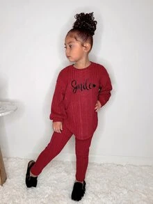 2pcs/Set Young Girl Fashion Casual Drop Shoulder Ribbed Knit "Smile" Graphic T-Shirt And Leggings, Pink Outfit Girls Girls Ribbed Set Girls Fall Sets Girls Comfy Set Girl Sweat Suit Set - Burgundy - View 4