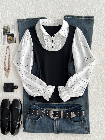 Elamini Sexy Sweet Polka Dot Frill Trim 2 In 1 Petal Sleeve Long Sleeve Top Teachers' Day Office Black And White Polka Dot Autumn Preppy Elegant