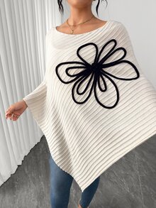 Elenzga Women's Autumn New Single Piece Large Floral Design Square Neck Loose Hem Asymmetrical Fashion Design Elegant Lady Daily Versatile Commute Knit Pullover Plus Size Sweater - Beige - View 1
