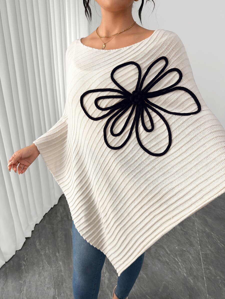Elenzga Women's Autumn New Single Piece Large Floral Design Square Neck Loose Hem Asymmetrical Fashion Design Elegant Lady Daily Versatile Commute Knit Pullover Plus Size Sweater - Beige - View 1