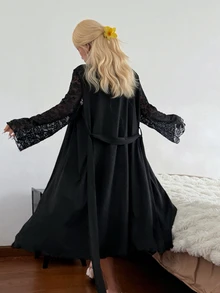 Dream Adore رداء أسود بخطوط عمودية منسوجة مع أكمام دانتيل، ملابس منزلية فاخرة أنيقة - الأسود - مشاهدة 2