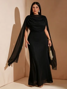 SHEIN BAE CURVE فستان أنيق للنساء بمقاسات كبيرة مع ربطة كشكشة وحافة ذيل سمكة مطوية - الأسود - مشاهدة 3