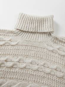 SHEIN This Off-White Turtleneck Poncho Features Intricate Cable Knit Stitching All Over. Loose Relaxed Cut - Apricot - View 7
