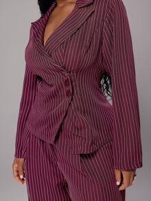 Rustia Plus Size Spring/Autumn Vintage Premium Fashion Striped Long Sleeve Waist-Cinching Slimming Blazer Suit Set - Burgundy - View 4