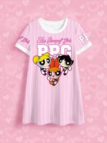 THE POWERPUFF GIRLS X SHEIN Young Girl Letter Stripe Print Round Neck Short Sleeve T-Shirt - White - View 6