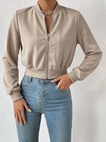 SHEIN EZwear 春季服飾 素色拉鍊短版飛行夾克 - 杏色 - 查看 3