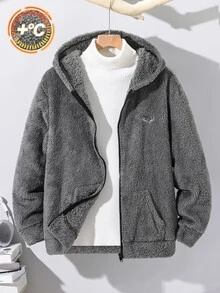 SHEIN 青少年男孩冬季刺繡貼布圓領寬鬆套頭抓絨衛衣 - 灰色 - 查看 1