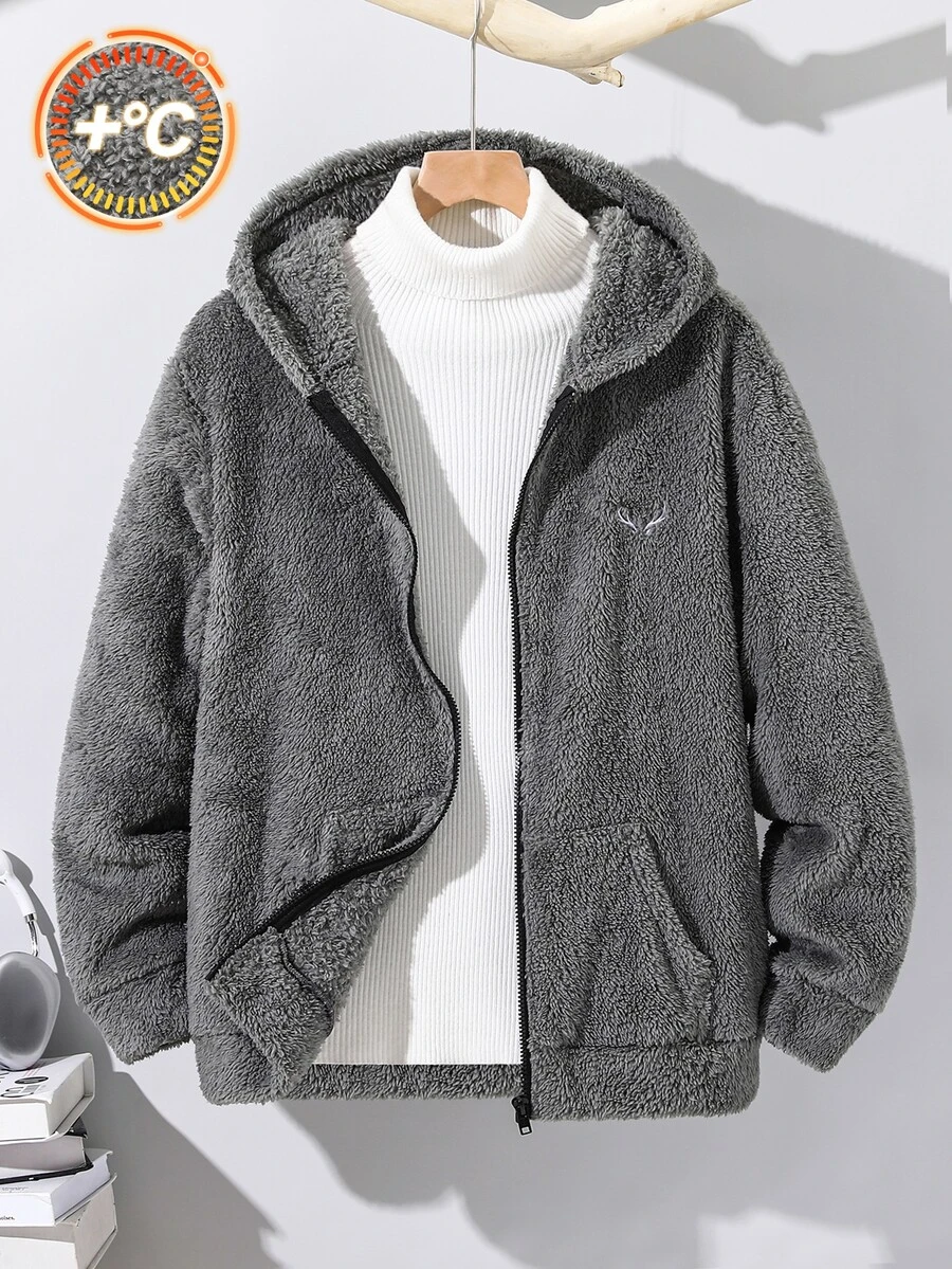 SHEIN 青少年男孩冬季刺繡貼布圓領寬鬆套頭抓絨衛衣 - 灰色 - 查看 1