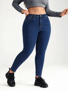 SHEIN ICON 大尺碼休閒修身彈性九分牛仔褲 黑色 - 深色水洗藍 - 查看 9