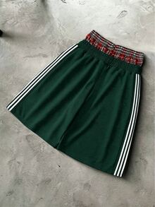PAVTROS Men's Young Casual 2 In 1 Sweatpants, Short Knitted Sports Gym Pants With Elastic Waist Drawstring Design, Streetwear, Green And White Striped Summer - Dark Green - View 2