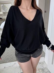 Vibekara Sweater Pullover Longgar Lengan Panjang Model Batwing Leher V Warna Polos untuk Wanita Ukuran Plus Musim Dingin - Hitam - View 4