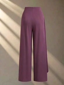 Franclia Women's White Straight Leg Casual Commuter Pants, Patchwork Chiffon Draped Soft Flowy Pants With Metal Buttons, Asymmetrical Versatile Spring/Summer Trousers - Violet Purple - View 2