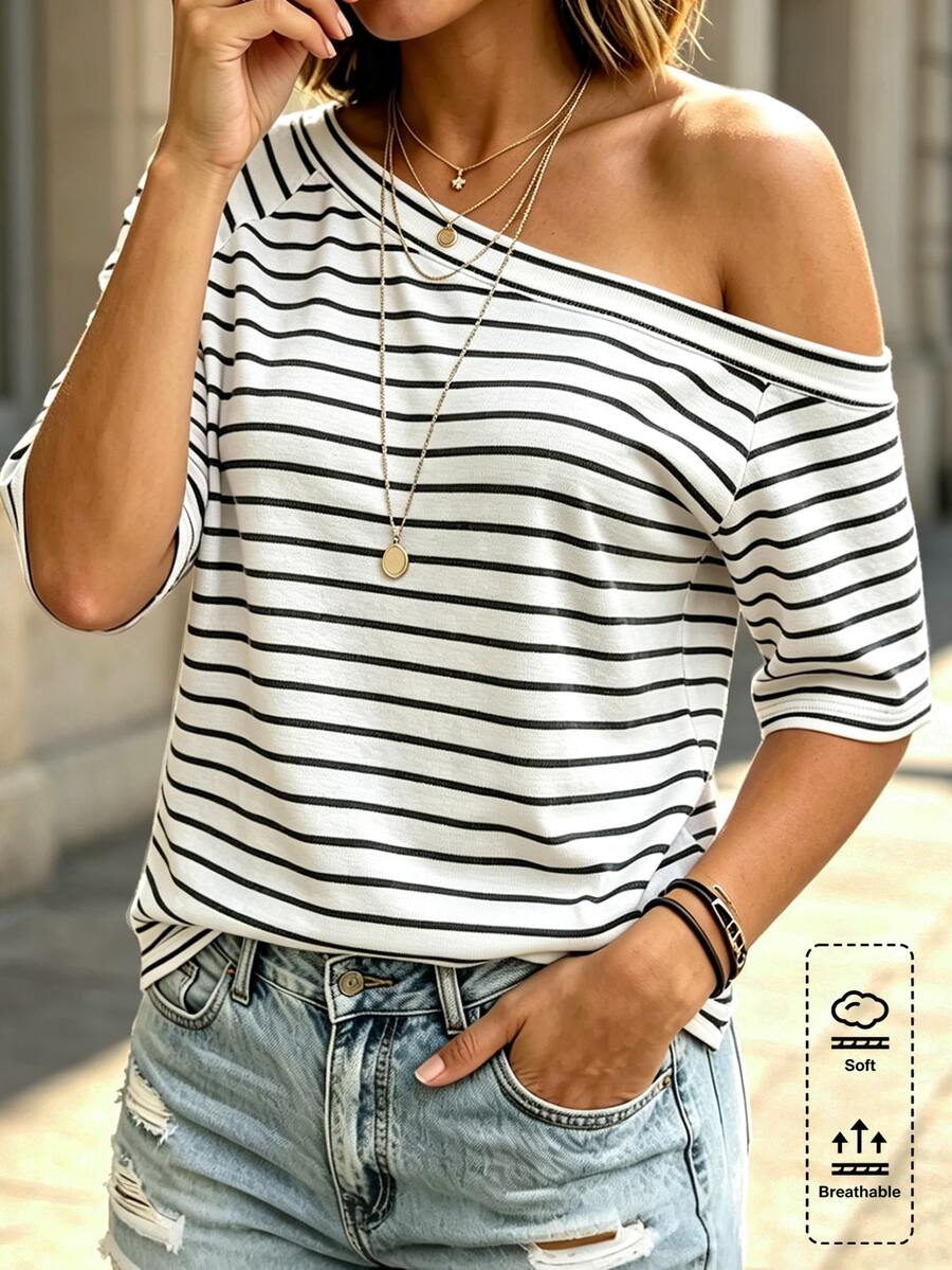 Linhara CURVE Women's Plus Size Fashion Versatile Asymmetric Shoulder Striped Short Sleeve T-Shirt, Suitable For Commuting And Casual Wear - Black and White - View 1