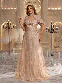 Glamrae Plus Size Elegant Luxurious Champagne Sequin Embroidered Shawl Tassel Computer Beaded Fitted A-Line Heavy Work Evening Gown Suitable For All Formal Occasions - Champagne - View 6