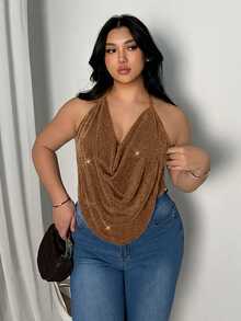 Firerie Plus Size Women's Fashion Versatile Daily Wear Halter Neck Top - Khaki - View 5