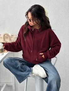 SHEIN EZwear 女款前拉鍊長袖口袋連帽衫 - 酒紅色 - 查看 4
