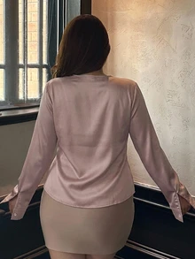 Dazy Plus Solid Color Casual Fitted Collar Short Length Fun Commute White Long Sleeve Shirt Fall - Dusty Pink - View 3
