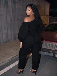 Slaydiva Plus Size Jumpsuit, Black Off Shoulder Puff Sleeve High Waist Slim Fit Romper - Black - View 3