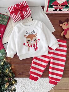 SHEIN Playful Pals 2件組女嬰可愛紅白馴鹿條紋毛絨套裝，長袖圓領加厚衛衣褲，冬季秋季派對服飾 - 紅白色 - 查看 1