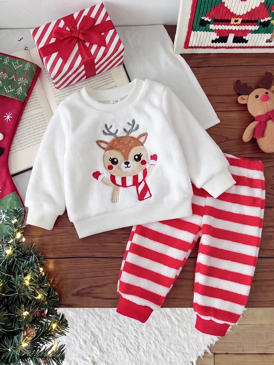 SHEIN Playful Pals 2件組女嬰可愛紅白馴鹿條紋毛絨套裝,長袖圓領加厚衛衣褲,冬季秋季派對服飾 - 紅白色 - 查看 1
