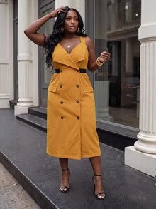 Slaydiva Plus Size Mustard Yellow Double-Breasted Blazer Vest Dress - Yellow - View 2