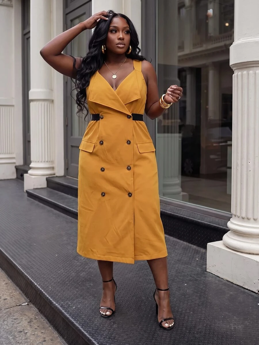 Slaydiva Plus Size Mustard Yellow Double-Breasted Blazer Vest Dress