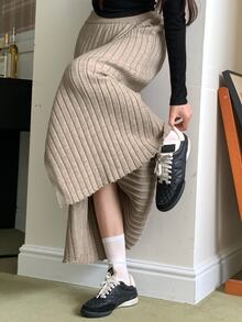 DAZY 女款不對稱純色休閒優雅裙 - 咖啡棕 - 查看 1