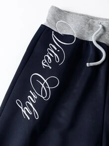 SHEIN 青少年女孩拼接腰帶刺繡抽繩腰運動長褲 - 藏蓝色 - 查看 6