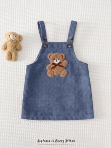 Cozy Pixies Baby Girls Dresses Cute Woven Ribbed Brown Corduroy Pinafore Dress, Adorable Bear Applique Embroidery, Exquisite Detail, Bow Decor, Baby Girl, Suitable For Autumn/Winter, Nordic Style, Mori Style, Cute Style - Dusty Blue - View 3