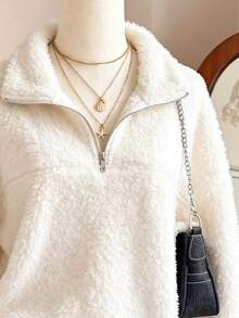 Lalippa Women Half Zip Fluffy Fleece Sweatshirt, Casual Stand Collar Long Sleeve Plush Pullover Tops - White - View 3