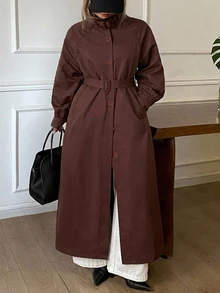 Dazy Plus Solid Color Loose Long Belt Elegant Street Vacation Spring Autumn Long Trench Coat - Brown - View 4