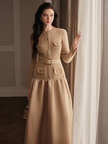 Anewsta 2026 New Autumn/Winter Elegant French Style Knitted Dress - Champagne - View 5