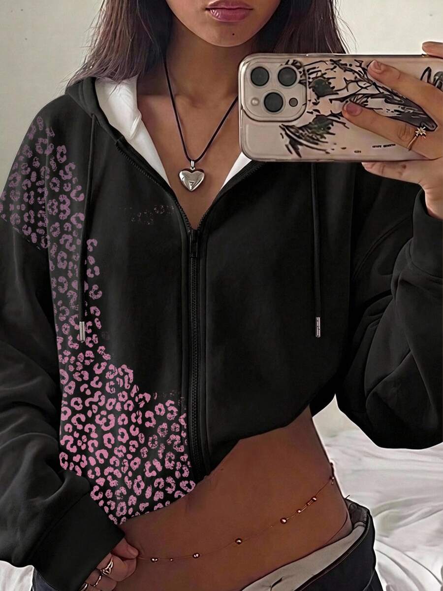 SHEIN EZwear 女款豹紋落肩長袖拉鍊連帽抽繩運動衫 - 彩色 - 查看 1
