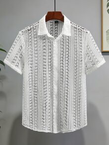 Manfinity Homme 男士純色鏤空短袖單排扣襯衫 - 白色 - 查看 1