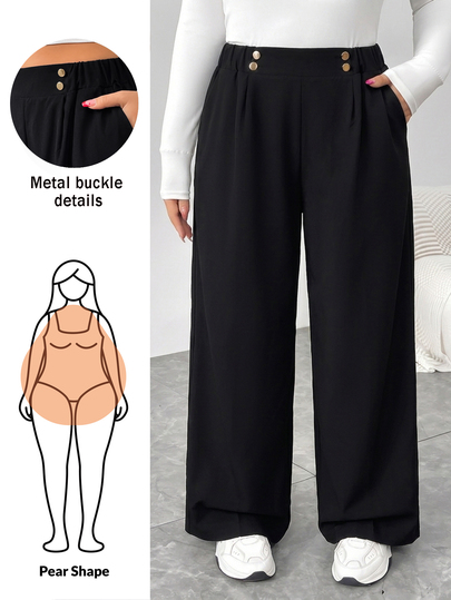 Shapeblank Pantalon noir à jambes larges pour femmes grandes tailles, mode automne/hiver, décontracté, ample, confortable, pour tous les jours, avec taille élastique et boucle métallique, tenues d'automne, bas pour femmes