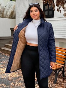 SHEIN EZwear 大尺碼女款保暖內裡純色休閒優雅百搭冬季加厚外套 教師通勤外出穿搭 海軍藍 - 藏蓝色 - 查看 6