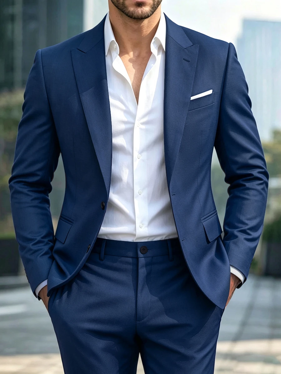 Manfinity Mode 男士商務休閒單扣西裝外套與長褲套裝,尖領設計增添風格與層次感,適合日常通勤、商務、派對與宴會穿著,男士衣櫥必備百搭單品,適合送給男友或丈夫的正式老錢風禮物 - 藏蓝色 - 查看 1