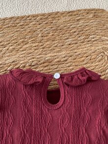 SHEIN Newborn Spring/Autumn Baby Girl Skin-Friendly Solid Color Cotton Footed Romper 0-9 Months Sweet Ruffle Collar Long Sleeve Snap Button Easy On/Off Crawl Suit - Burgundy - View 8