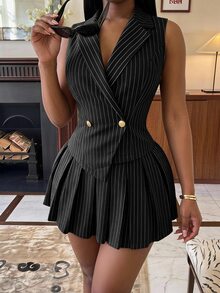 SHEIN SXY 夏季優雅休閒商務專業黑白條紋修身套裝－無袖不對稱下擺背心迷你百褶裙上班穿搭 - 黑與白 - 查看 7