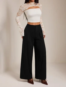 SHEIN PETITE Stylish Black High-Waisted Wide-Leg Trousers For Petite Women-Ideal For Business And Commuting. - Black - View 4