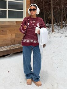 Muchica A Retro-Style Red Women's Knit Pullover Featuring A Polka-Dot Pattern; Also Suitable For Wearing On Halloween.Festival Outfits For Women - Burgundy - View 4